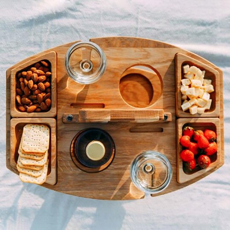 Houten Draagbare Outdoor Klaptafel Fruit Snack Tray Camping Picknick Wijn Tafel Verwijderbare Wijnglas Houder Picknick Tafel