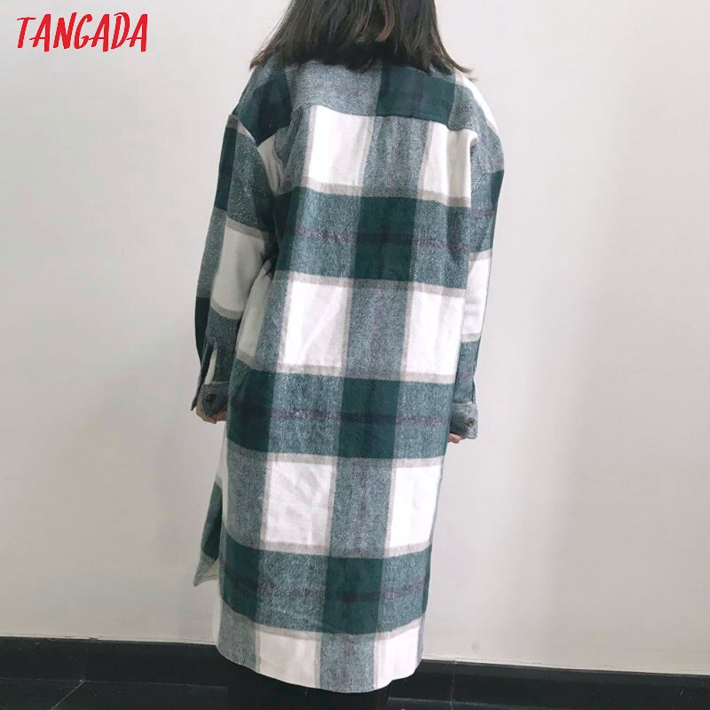 Tangada, Otoño Invierno , chaqueta de abrigo largo a cuadros verde para mujer, abrigo informal cálido, abrigos largos de AI35