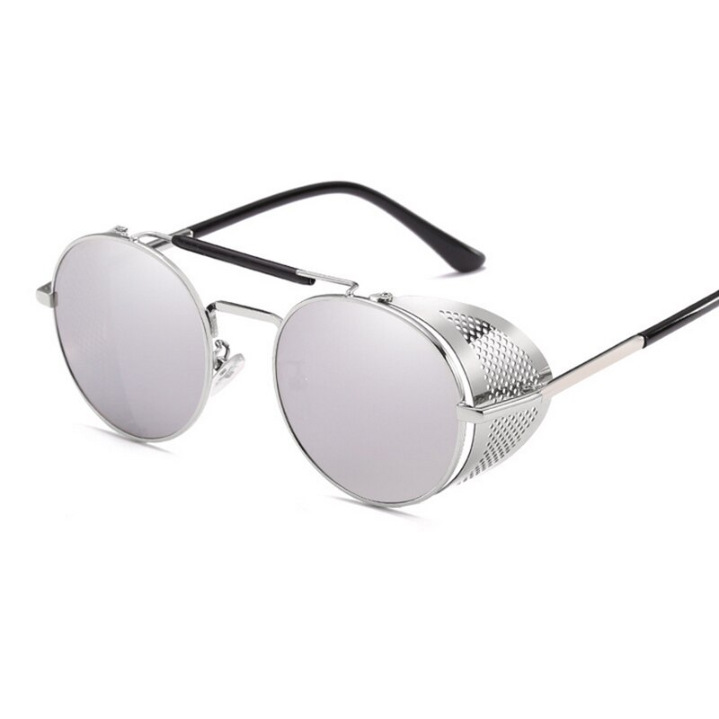 Retro Round Steampunk Sunglasses Men Women Side Shield Goggles Metal Frame Gothic Mirror Lens Sun Glasses: SILVER SILVER