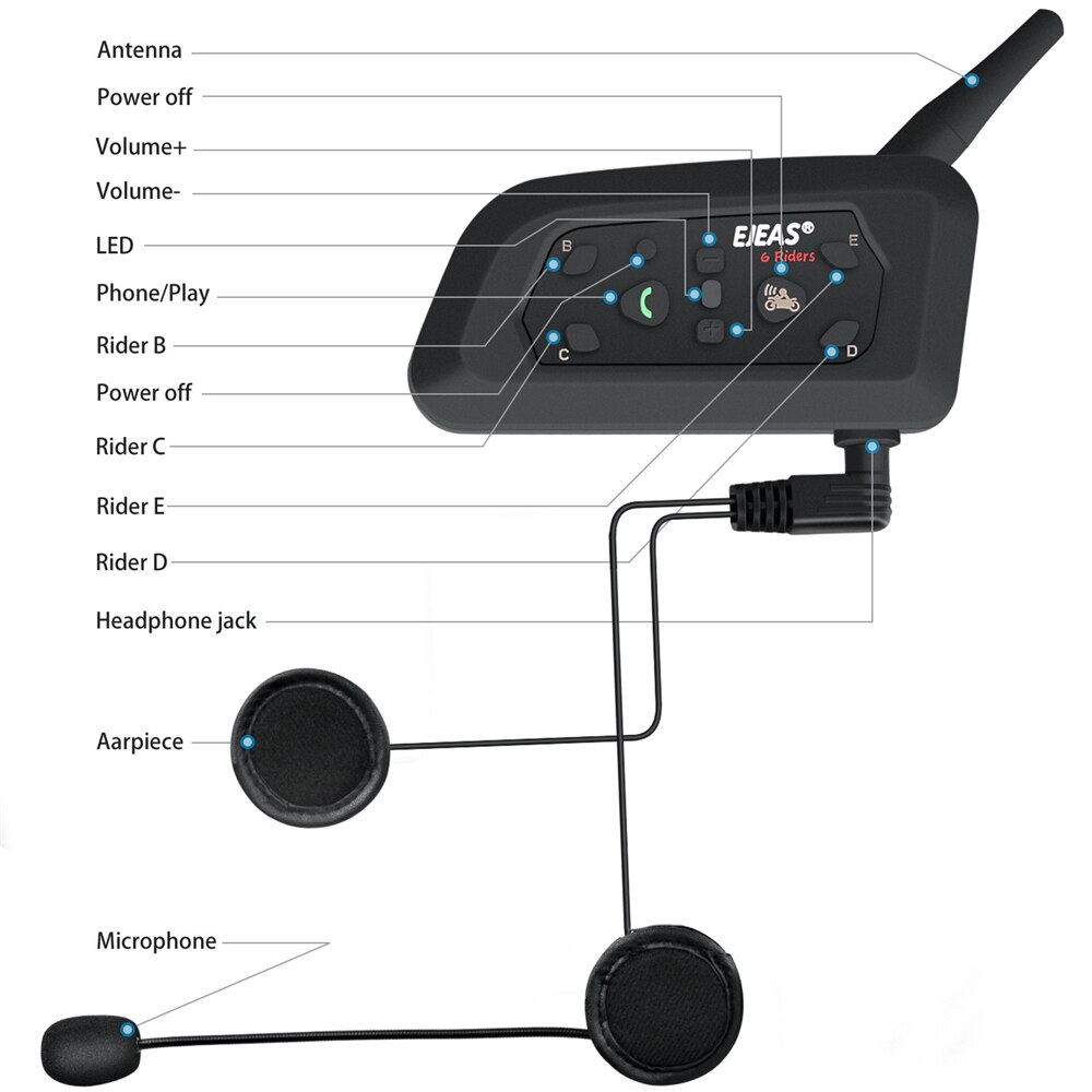 V6 pro bt motorradhelm-intercom-headset mit 1200m bt-interphone-kommunikatoren für 6 fahrer, wasserdicht