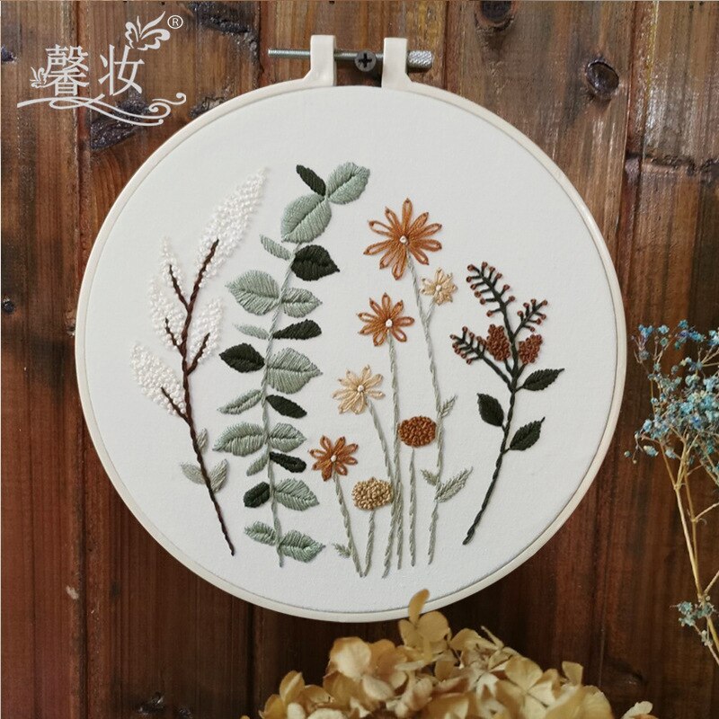 DIY Stamped Embroidery Starter Kit with Flowers Plants Pattern Embroidery Cloth Color Threads Tools Kit