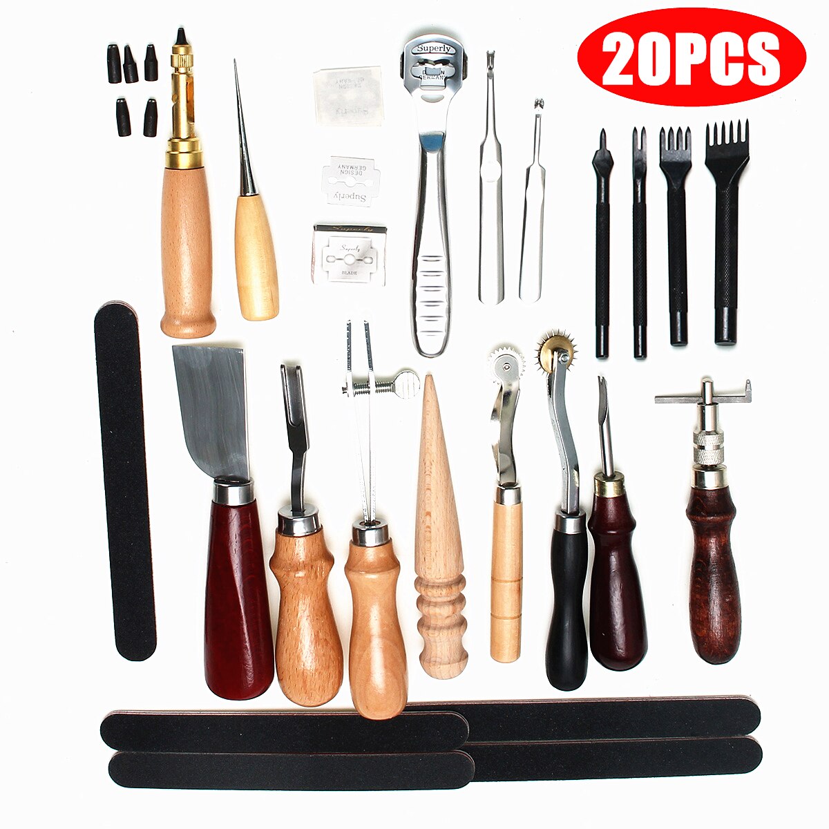 Leather Craft Tools Kit Home Hand Sewing Stitching Punch Carving Work Saddle Leathercraft Accessories: 20 Pcs