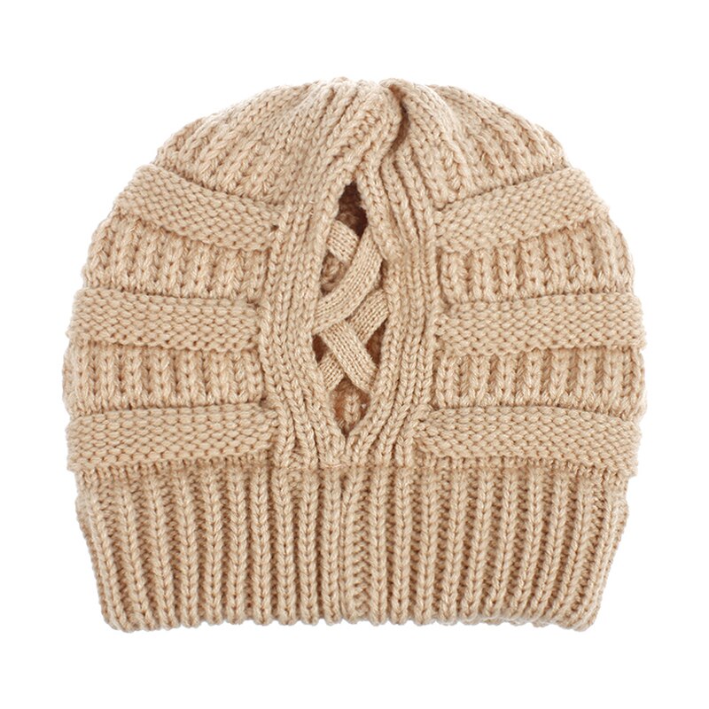Gorro de cola de caballo para mujer, gorros tejidos para madre y niña, gorros gruesos y cálidos, gorras de color liso: 5