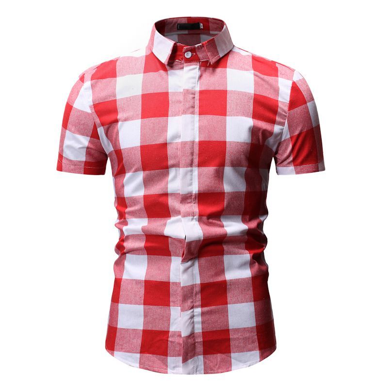 Mens Short Sleeve Checkered Button-Down Blouse White Plaid Red Shirt Mens Fashions Chemise Homme Dress Shirts Men Clothes YS55