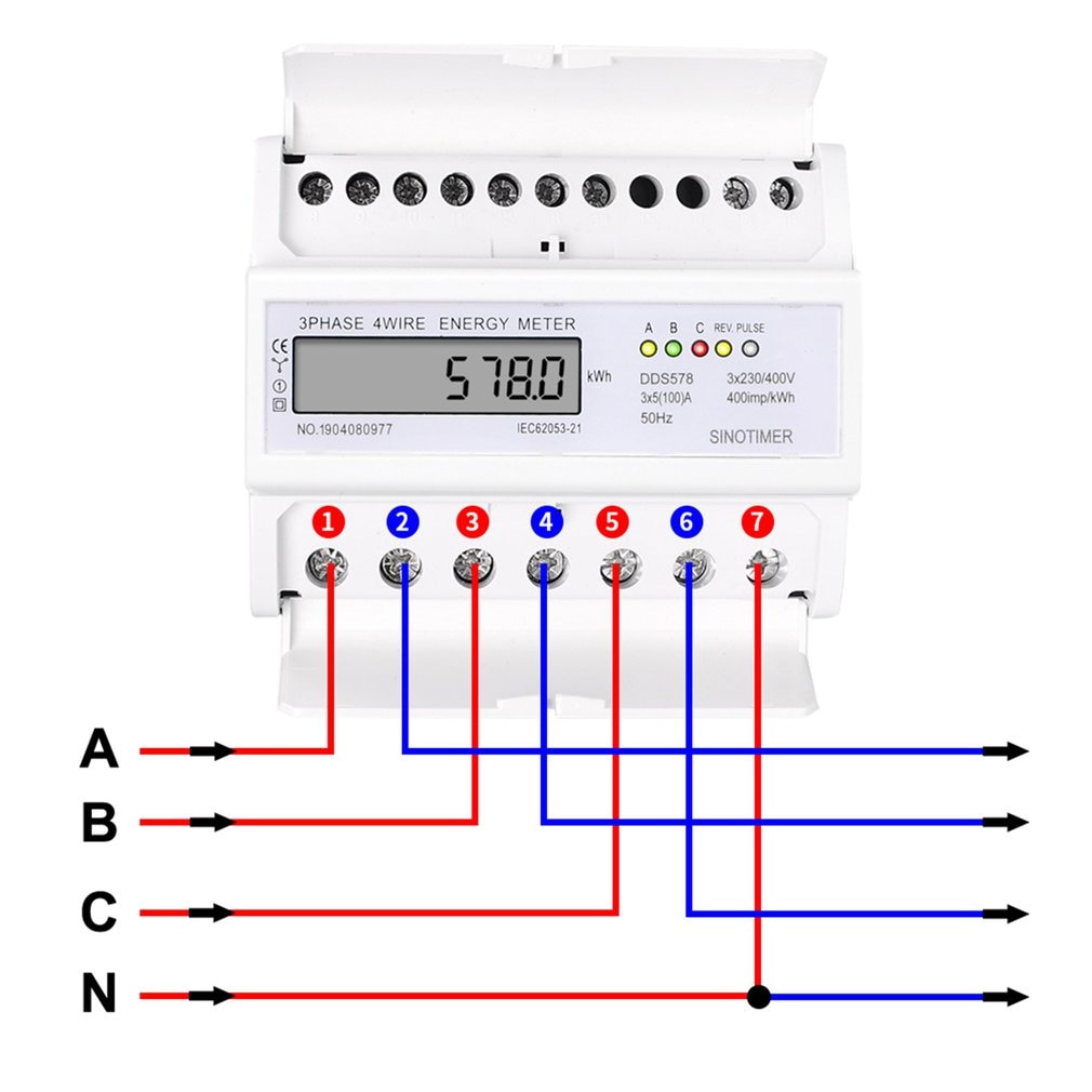 DDS578 Three Phases 4 Wires 5-100A 380V Digital Wattmeter Electricity Consumption Measurement 7P LCD Rail Meter