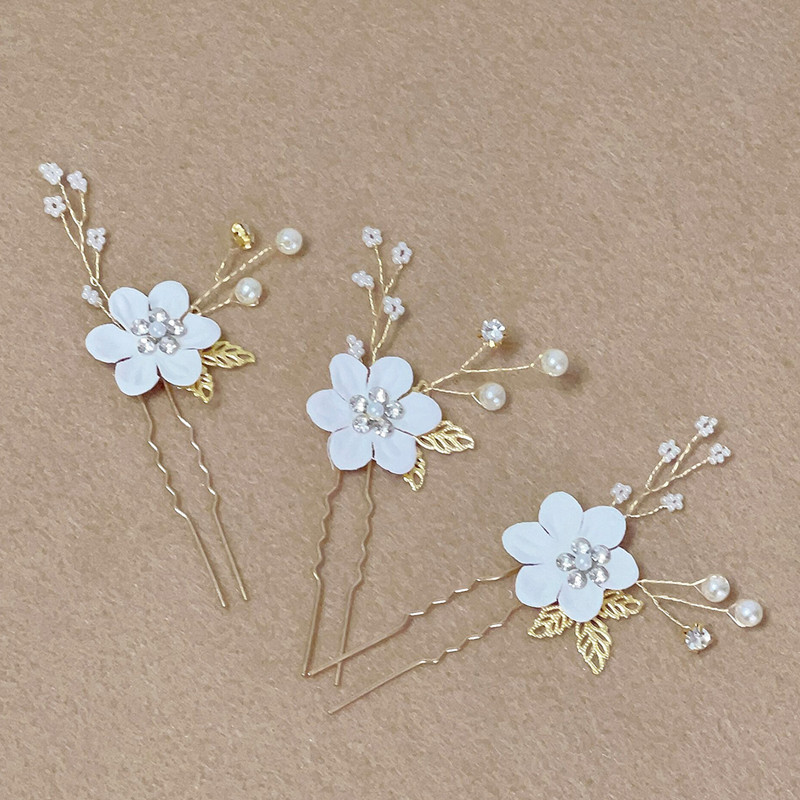 Horquilla en forma de U de flor blanca para mujer, 3 piezas, pinzas para el pelo elegantes, accesorios de joyería para el cabello, adornos para la cabeza de boda