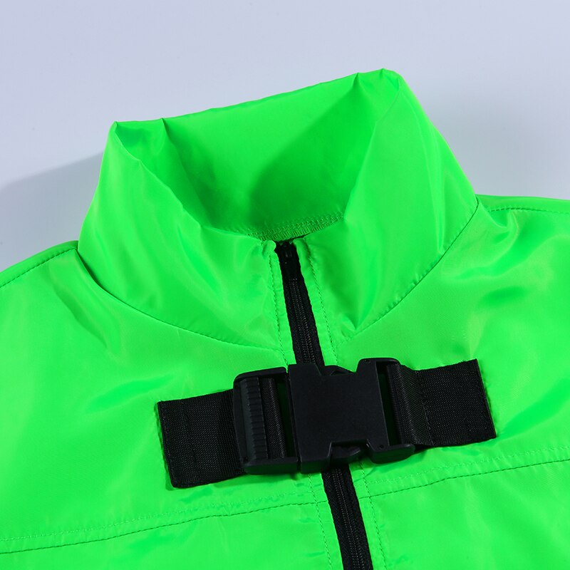 Neon Groene Vrouwen Korte Jas Rits Gesp Casual Windjack Lange Mouwen Elastische Trekkoord Jas Streetwear