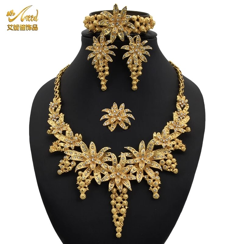 Bridal Jewelery Set Necklace Sets For Women African Earrings Indian Rings Dubai Gold Bracelet Wedding Accessories: Default Title