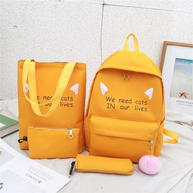 Children Bags Teenage Students Zipper Shoulder Canvas Backpacks Girls School Backpack Kids 3pcs/set Letters Printing Women Bags: Yellow