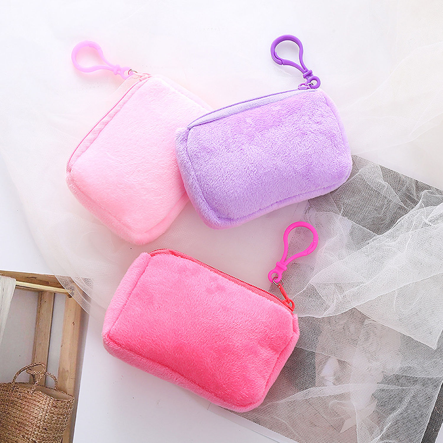 Solid Color Plush Coin Purses Mini Coin Wallet Storage Bag Card Holder Credit ID Wallet Pocket Women Girls Female Coin Purse Zip