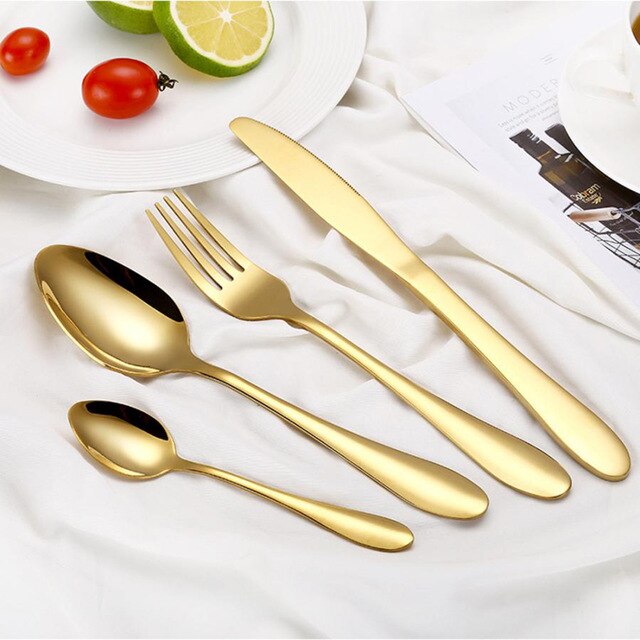 4 st/set färgglada bestick rostfritt stål porslin stek kniv gaffel sked middag västerländsk mat hq regnbåge bestick set: Guld-