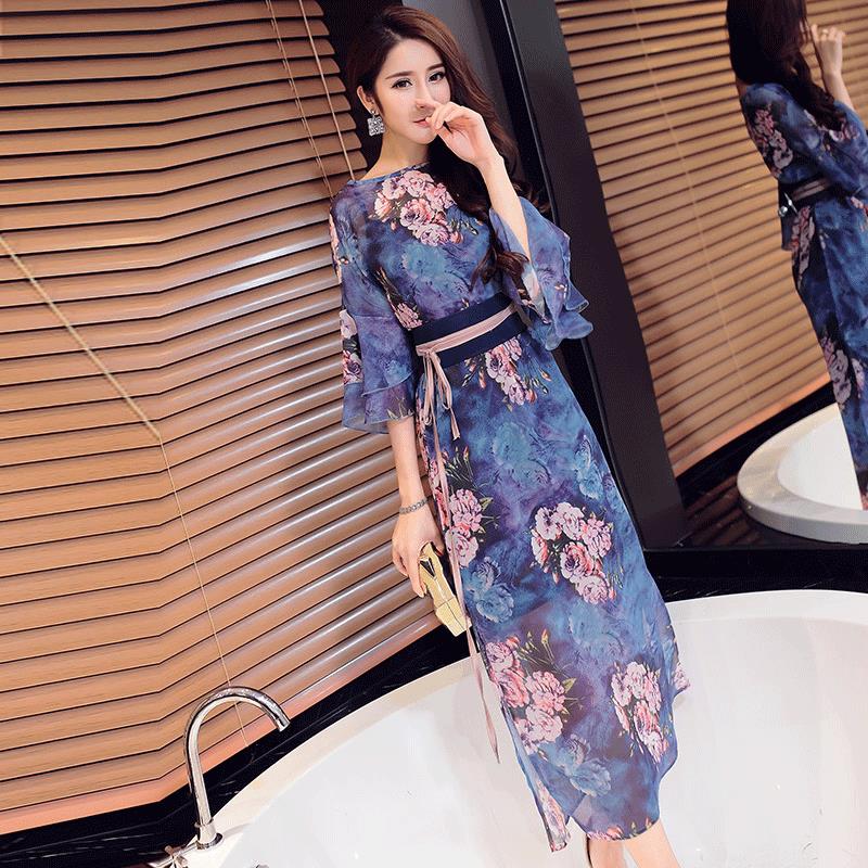 chinese traditional long dress printed retro cheongsam women chinese traditional dress qipao chinese dress: color1 / S