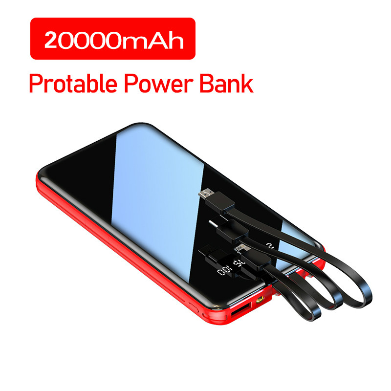 Power Bank 20000 Mah Draagbare Snel Opladen Full Screen Ingebouwde 3 Kabels Powerbank Externe Batterij Voor Iphone Xiaomi Samsung