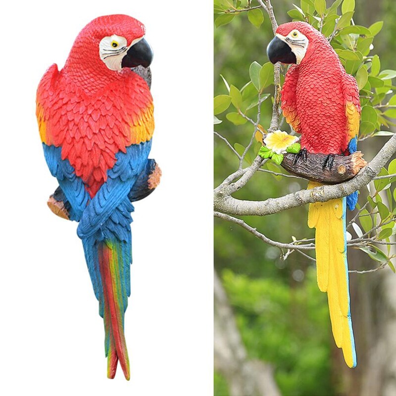 Resin Parrot Statue Wall Mounted DIY Outdoor Garden Tree Decoration Animal Sculpture Ornament-Left