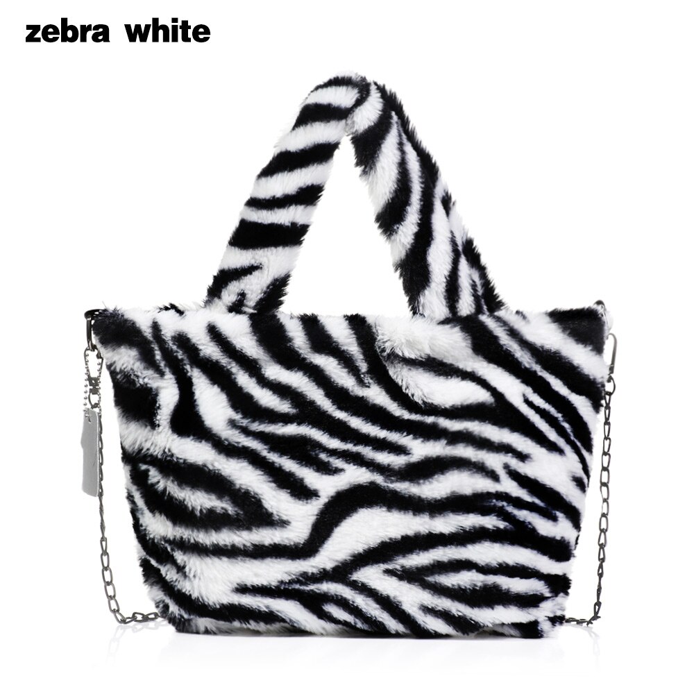 Winter Pluizige Grote Schoudertas Messenger Bag Voor Vrouwen Luipaard Zebra Print Onderarm Zakken Zachte Pluche Warme Bont Zakken met Ketting: zebra white