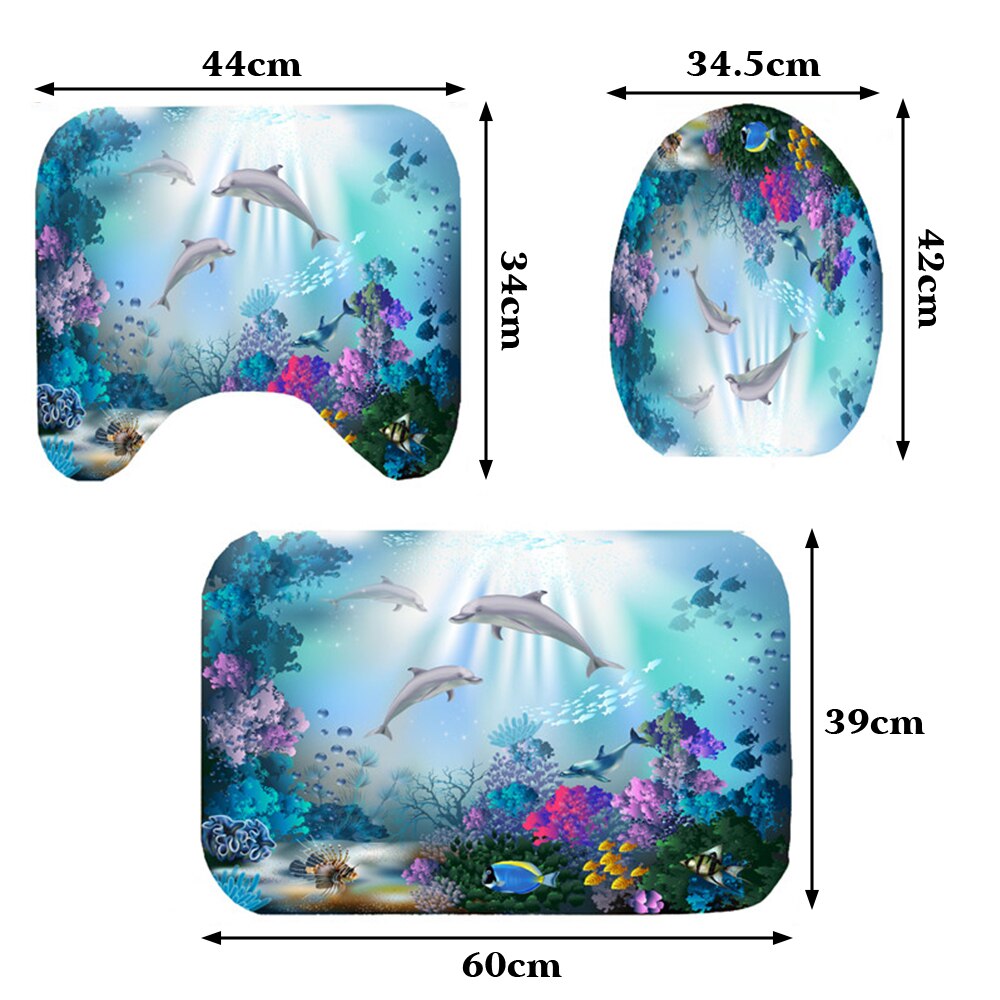 Ocean Dolphin Toilet Seat Waterproof Shower Curtain Set Toilet Cover Non-Slip Comfortable Bathroom Mat Bath Decoration: A-3pcs Set