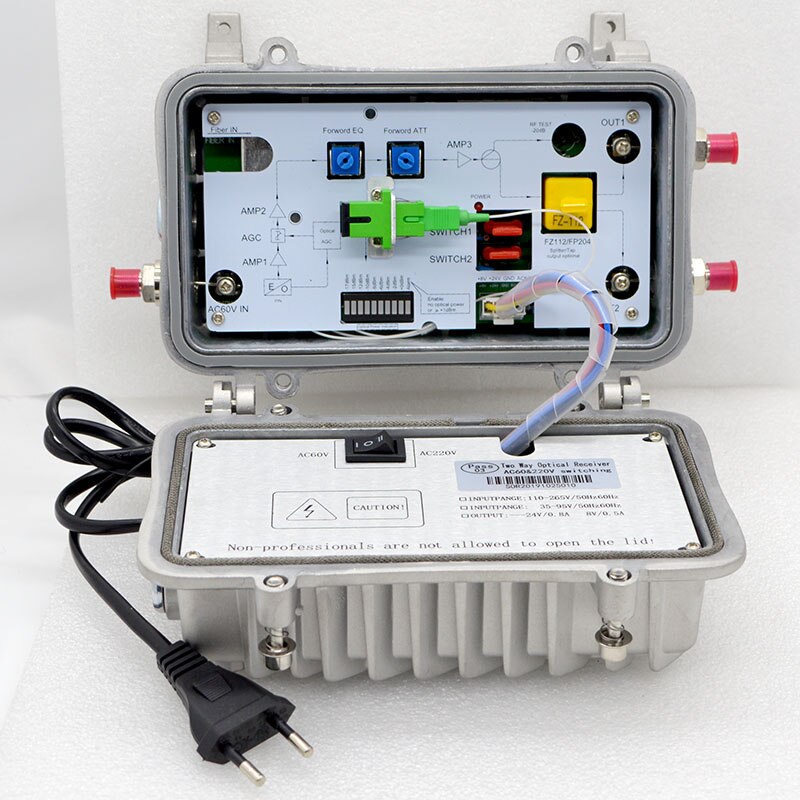 Neue AGC Optischen Empfänger Zwei Ausgangs Kabel TV Digital Analog Signal Ultra-Niedrigen Erhalt CATV Optische Übertragung Ausrüstung: SC APC 6V 220V