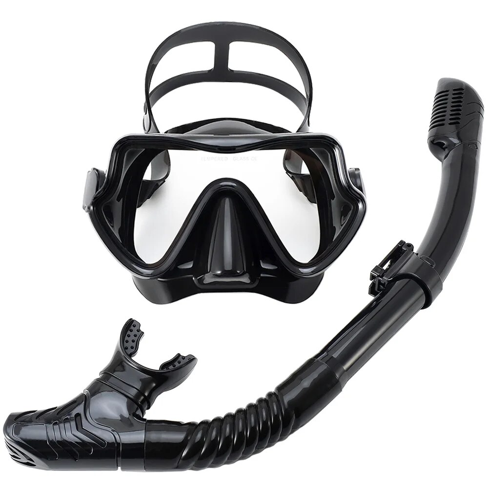 Tauchmaske Schnorchelset für Erwachsene, gehärtetes Glas, professionelle Panorama-Schnorchelausrügestochen, Schwimmtraining, Schnorchelset: Schwarz
