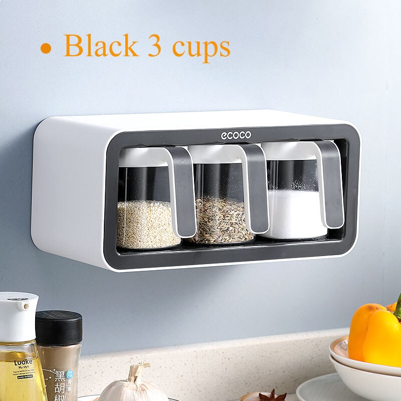 Kruiden Rek Muur Gemonteerde Opbergdoos Suikerpot Zout Shaker Kruiden Container Kruiden Doos Met Lepel Keuken Benodigdheden Set: Black 3 cups