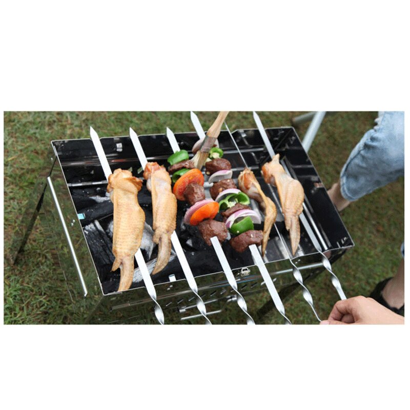 Bbq spett rostfritt stål shish kebab bbq gaffel set långt platt trähandtag grillnål kött grill utomhusredskap 6 st