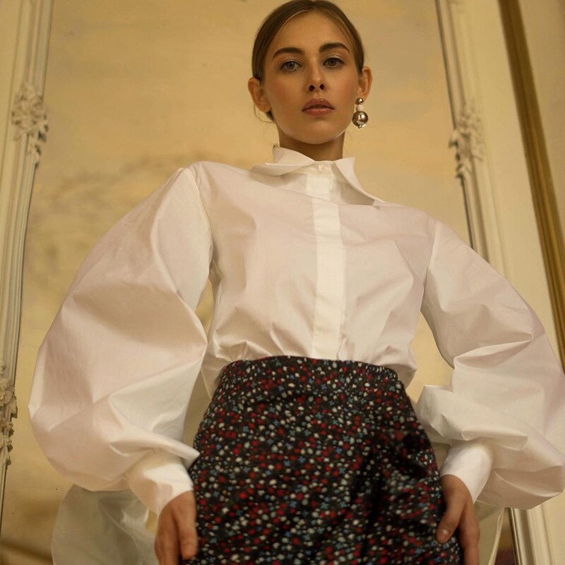 Aonibeier Lady Shirt Exaggerated Lantern Sleeve Button Front Women Casual Blouses Spring Autumn Loose White Shirts Tops