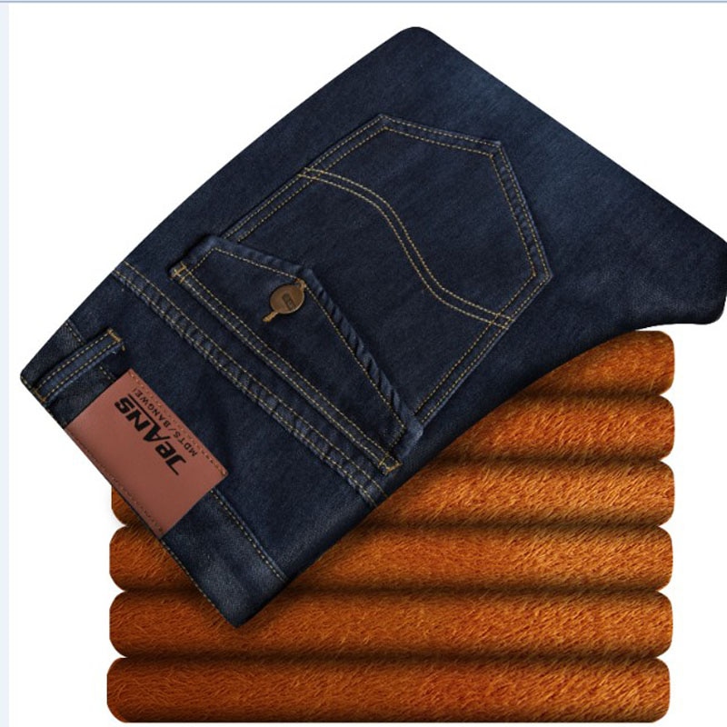 Mænds vintervarme plus velour straight jeans klassiske tykke fleece denimbukser til mænd plus store bukser