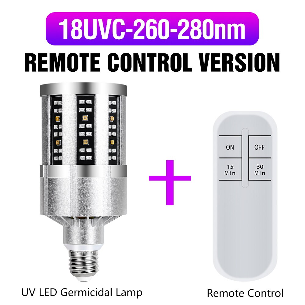 UV LED Lamp Ultraviolet Light Bulb UVC Bacterial Desinfection Lamp 220V LED Corn Bulb E27 Sterilization Light Germicidal Lamp: Remote Control 18UVC