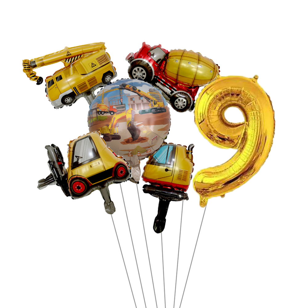 6pcs Mini Carton Vehicle Balloon with 32inch Gold Number Balloon Set for Boy's Construction Themed Birthday Party Decorations: Fluorescence Yellow