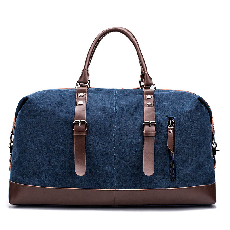WaterProof Waxed Canvas Leather Men Travel Bag Hand Luggage Bag Carry On Large Tote Vintage Men Duffle Weekend Bag Big Overnight: Navy blue