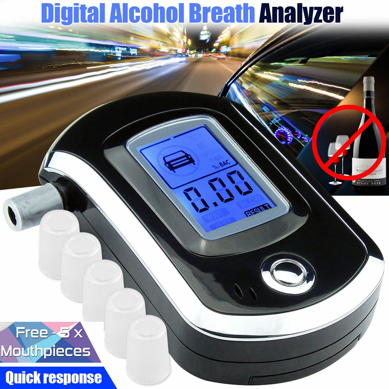 Digital ånde alkohol tester med lcd dispaly med 5 mundstykker politi alkohol parkering