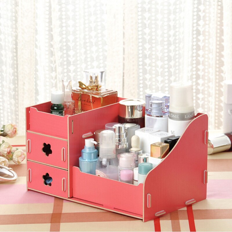 Pojemnik organizator na przybory robić makijażu Obudowa Wykonany ręcznie DIY montaż Organizer na kosmetyki drewniane pudełko drewniany schowek na biurko: czerwony