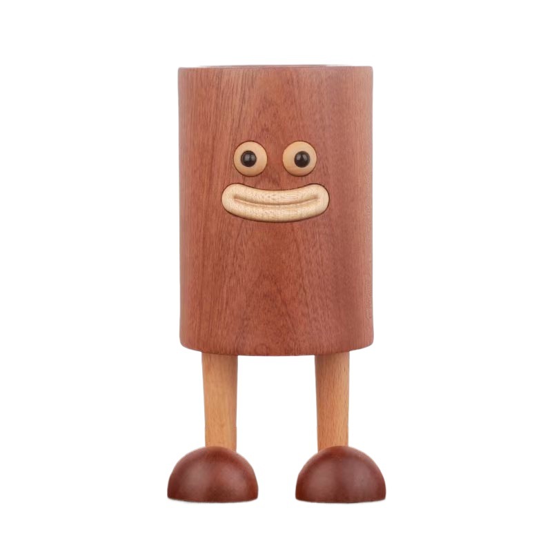 HeMu Cute Cartoon Wooden Pen Holder with Legs, Smiley Face Desk Organizer for Pens, Pencils and Makeup Brushes