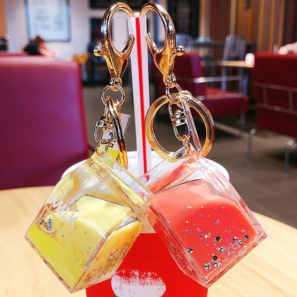 Acrylic Dairy Cow Milk Drinks Keychain Fruit Milk Moving Liquid Keyrings Decompression Drift Bottle Jewelry Kids