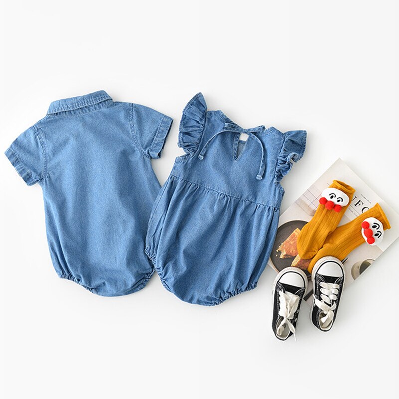 Zus Broer Baby Jumpsuit Kleding Lente Herfst Meisjes Jongens Denim Shirt Mode Katoenen Baby Peuter Rompertjes Foto Props