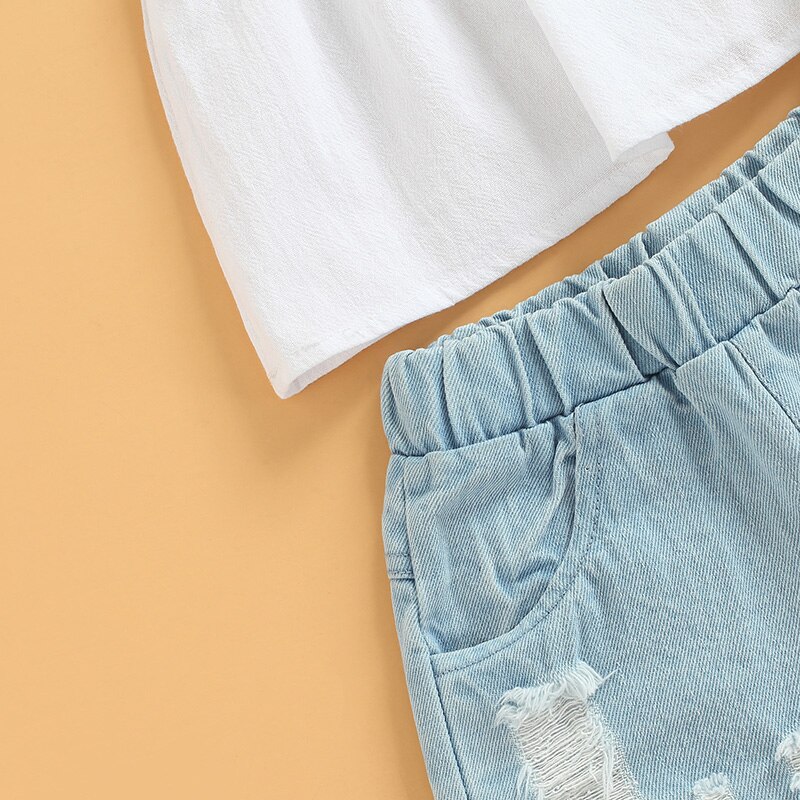 1-6Y Fashion Toddler Baby Girls Summer Clothes Sets Solid Sleeveless Ruffle Tops Ripped Denim Shorts 2pcs Kid Outfit