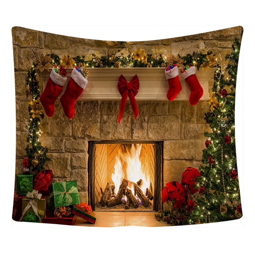 Xmas Fireplace Backdrop Christmas Tree Photography Background Party Banner Home Decoration