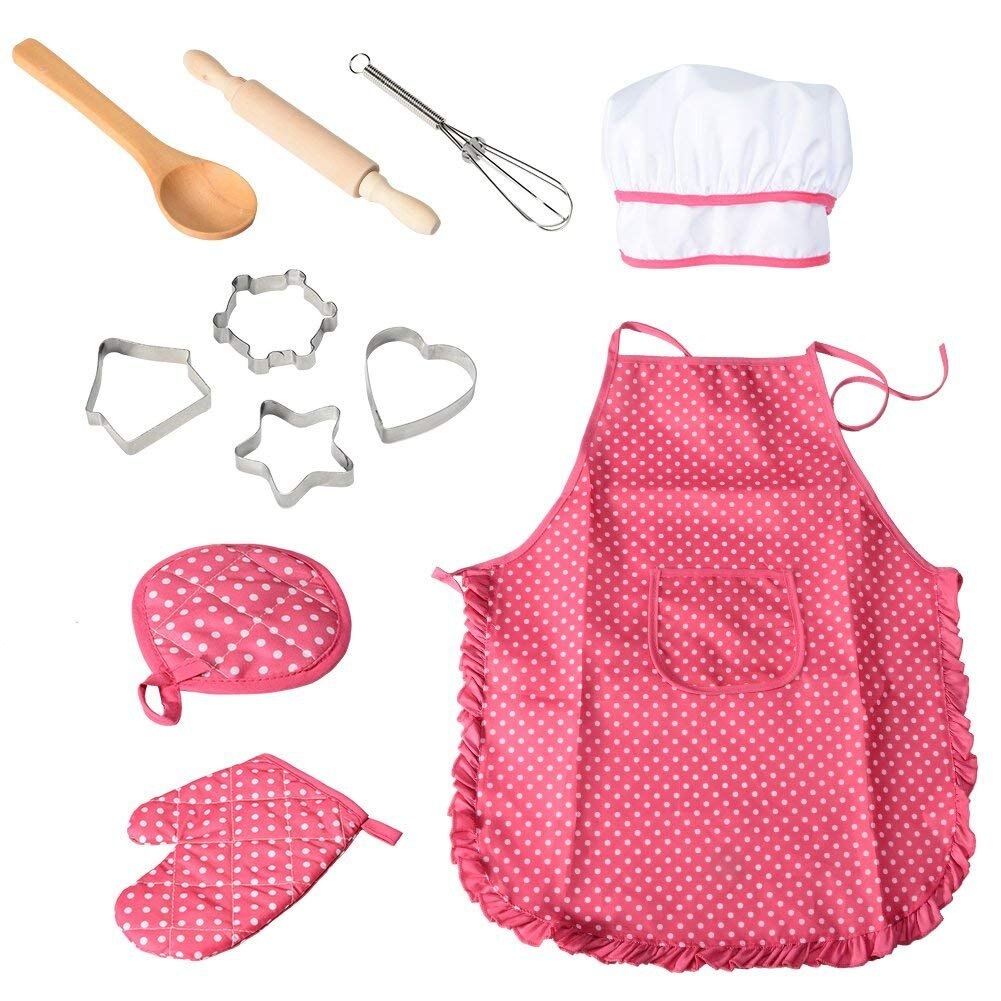 11PCs/Set Kids Cooking And Baking Set Kitchen Deluxe Chef Set Costume Pretend Role Play Kit Apron Hat Suit Bakeware Sets: A