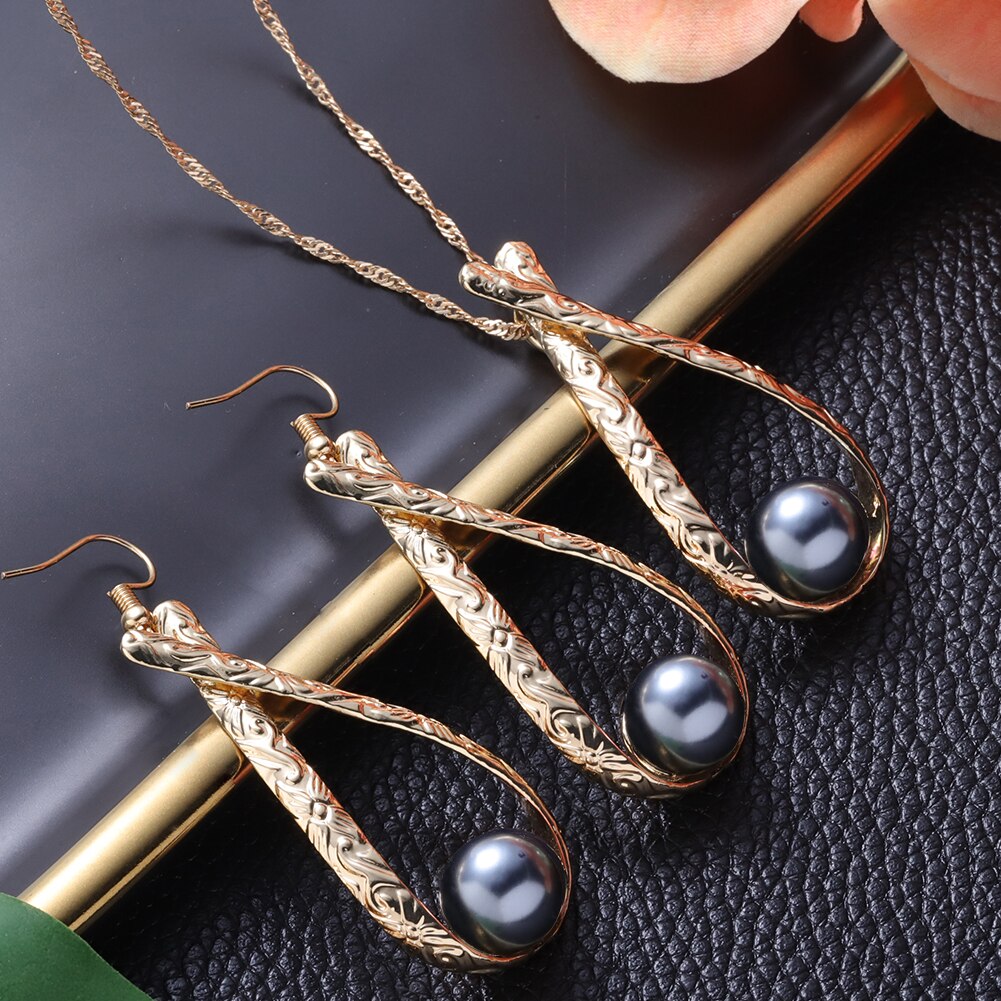 Cring Coco Hawaiian Jewelry Sets Polynesia Earrings Chocolate Color Pearl Water Pendent Necklace Set for Women Mom: ZH0726GOGR