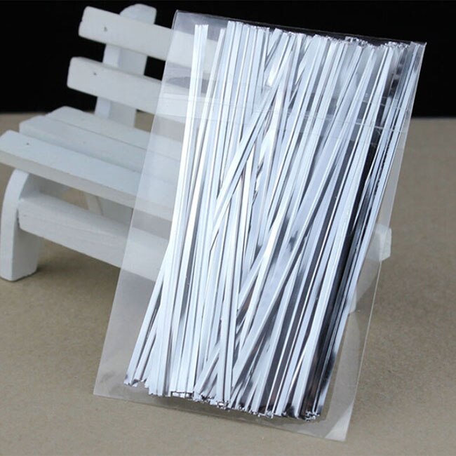 800 stk / pakke wire metallisk twist bånd til cello slikpose stål bagning emballage ligation slikkepind dessert forsegling twist tie: Sølv