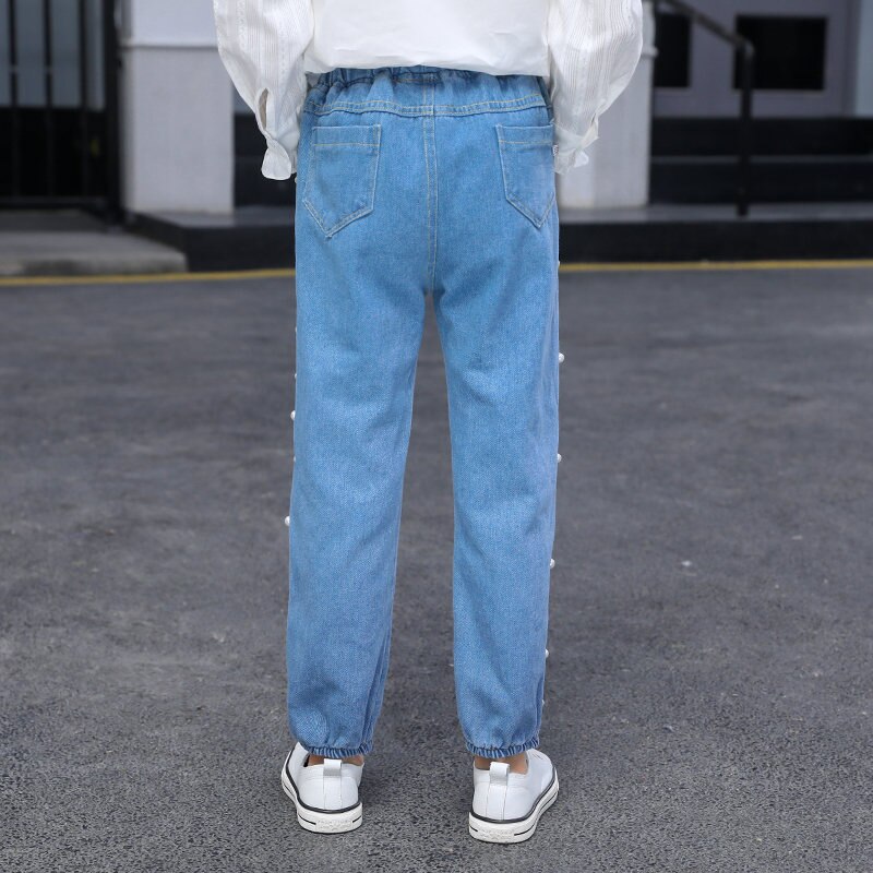 Børnejeans bukser til piger kausale denimbukser børn forår efterår jeans med perler alder 4 5 7 9 11 13 år