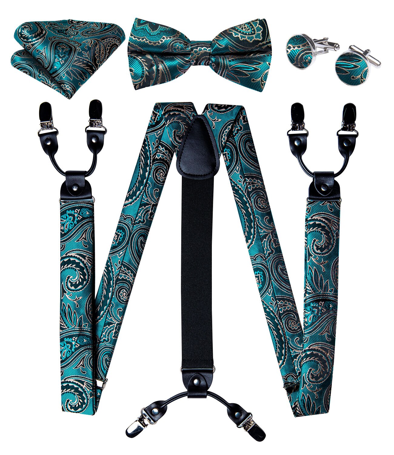 Luxury Yellow Men's Suspenders Silk Elastic 6 Clips Braces Wedding Party Accessories Men Y-back Suspenders Bow Tie Set DiBanGu: BD-4009