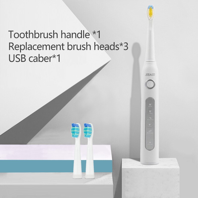 SEAGO Sonic Electric Toothbrush Adults Timer 5 Modes USB Rechargeable Tooth Brush Replacement Brush Head Nozzles Box SG-507: whtie
