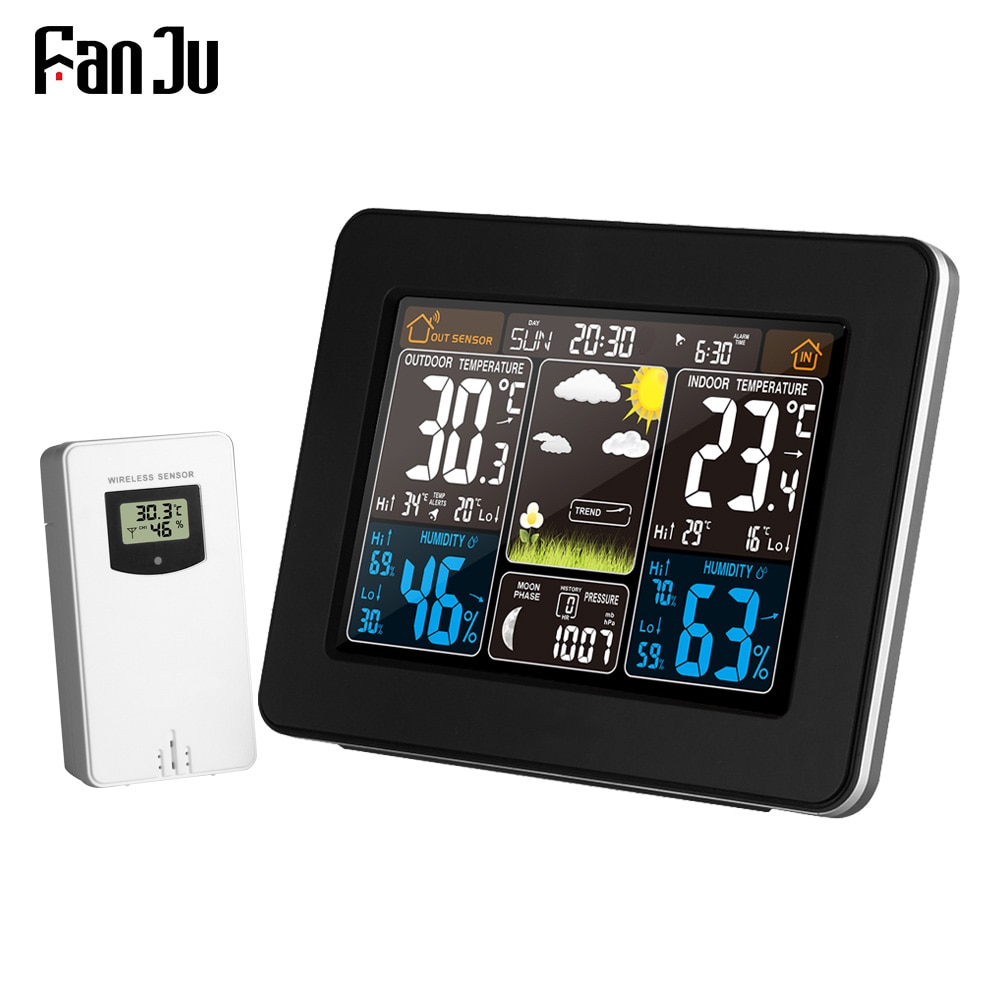 FanJu FJ3365 Weather Station Wireless Indoor Outdoor Sensor Thermometer Hygrometer Digital Alarm Clock Barometer Forecast Color