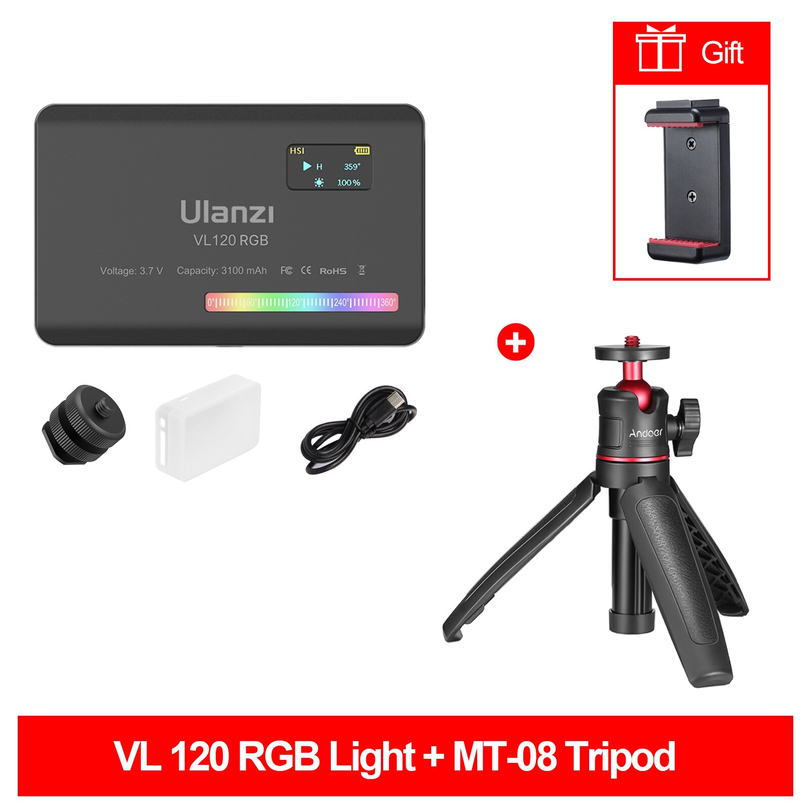 Ulanzi VL120 RGB Compact Video Light with Display Screen Diffuser Mini Camera RGB Light Smartphone Selfie Lighting 3100mAh: With Black MT-08