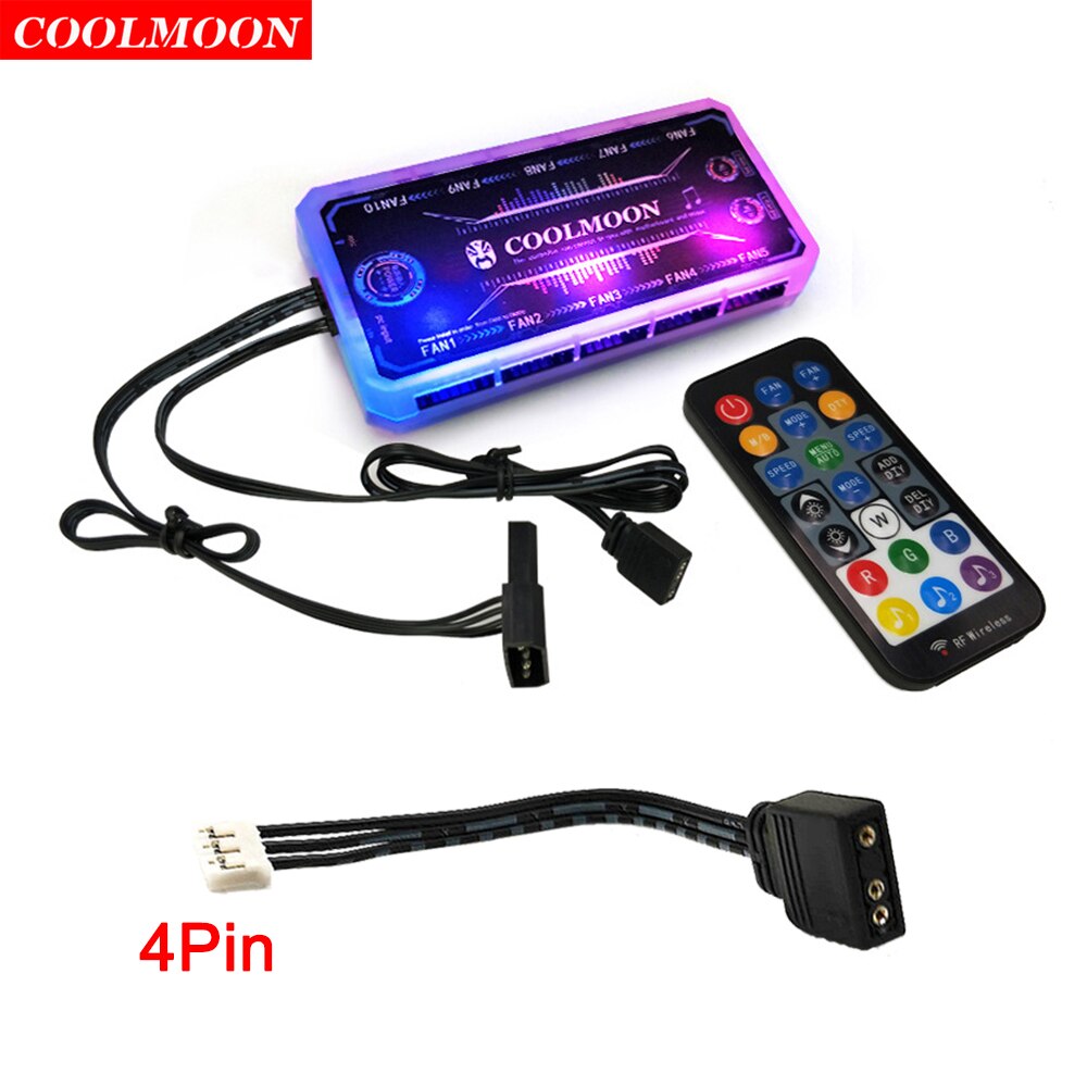 Coolmoon Smart Music 5V 3Pin ARGB Remote Controller HUB for Coolmoon 6Pin Chassis Cooling Fans 4Pin Light Strip Heat Dissipation: With 1pc 4Pin Cable