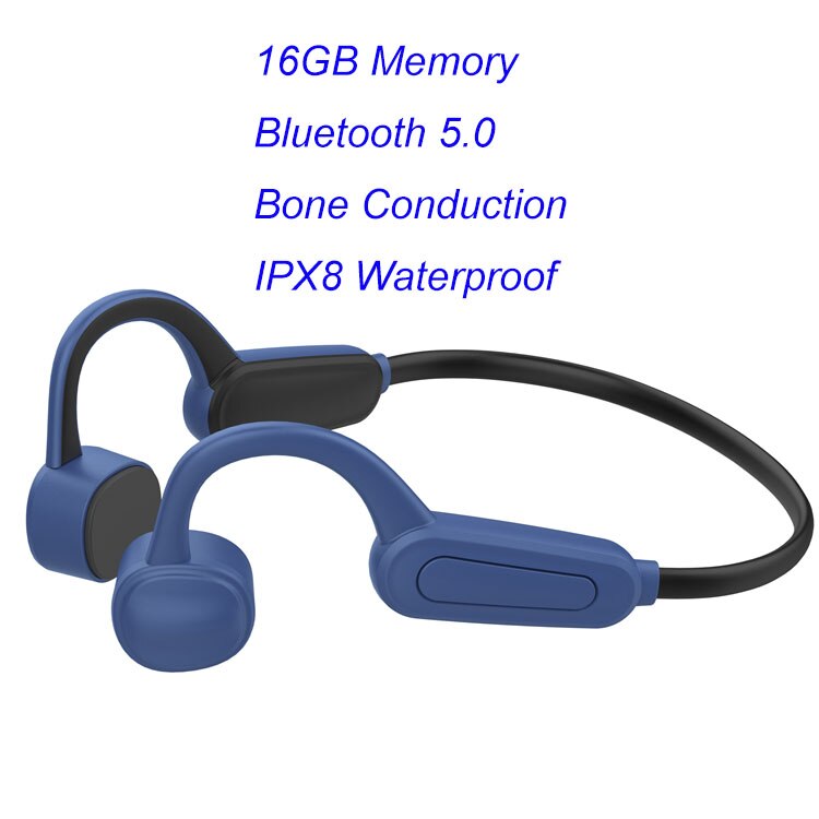 003 Waterproof IPX8 Diving Swimming Surfing Wireless MP3 Player 16GB Bone Conduction Bluetooth Headset Music Player: 16GB  blue