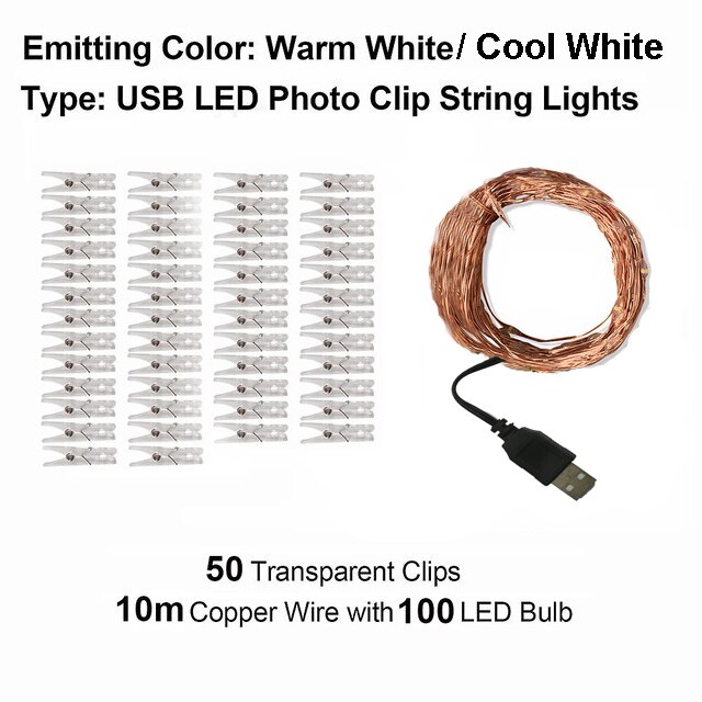Led ljusslinga 10m fotoklipp usb fairy lights girlander juldekoration fest bröllop jul för sovrum vägg bar skåp: 10m 100 lysdioder usb / Varm vit