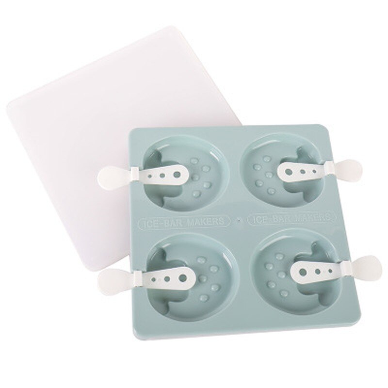 Cute Cartoon Flower Ice Cream Mold 4-hole Ice Tray Tubs Popsicle Maker Kitchen DIY Tools Cube Mold with Lid: Strawberry Blue