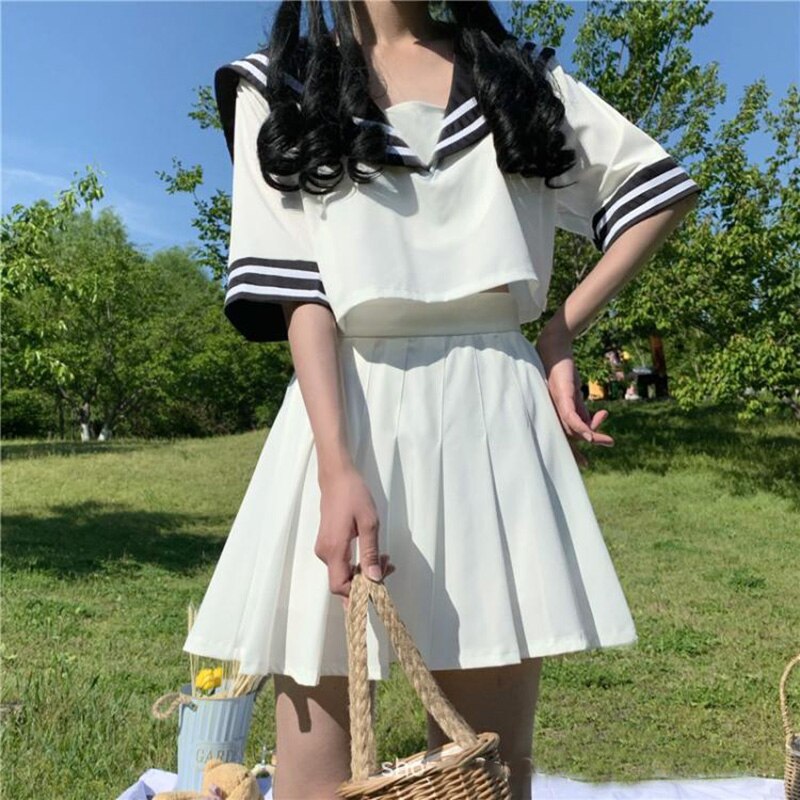 Japanese Korean Version Black White JK Suit Woman School Uniform Crop Sailor Top Cosplay Costumes Student Girls Pleated Skirt: White / M