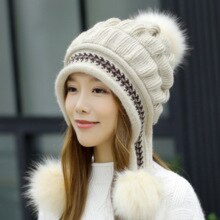 Damesmuts herfst/winter wollen muts drie wollen bolletjes rug open gebreide muts plus fluwelen dikke gebreide muts gratis verzending